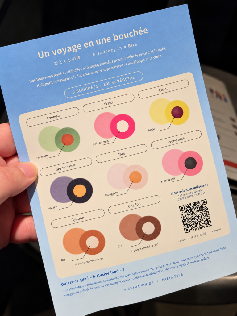 Dépliant bleu intitulé « Un voyage en une bouchée », illustré de huit bouchées colorées et d’un QR code.