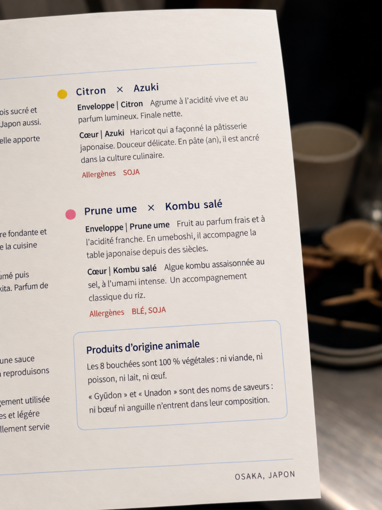 Page du menu présentant notamment les associations citron et azuki, prune ume et kombu salé, ainsi que les produits d’origine animale.