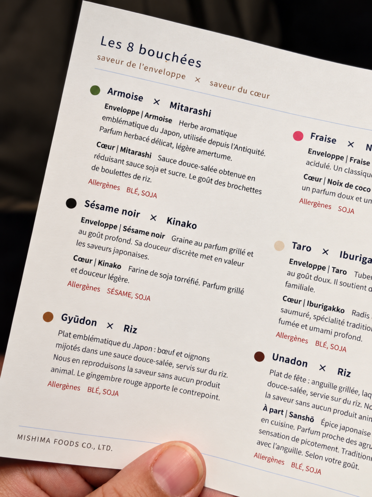 Une main tient un menu intitulé « Les 8 bouchées », avec les saveurs réparties en deux colonnes et repérées par des points colorés.