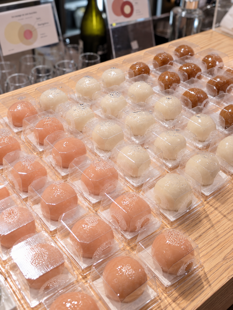 Des rangées de bouchées rondes aux teintes claires et brunes sont présentées dans des barquettes transparentes sur le comptoir.